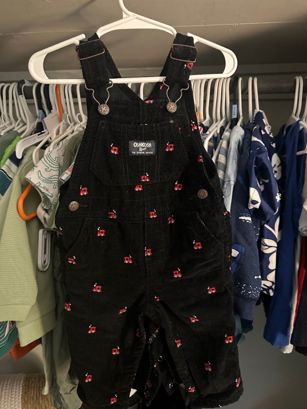 OshKosh B'gosh Black Corduroy Overalls with Red Tractor Embroidery